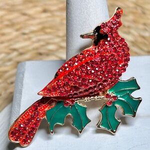 Darling Red Cardinal Crystal and Enamel Golden Brooch on Holly Branch.